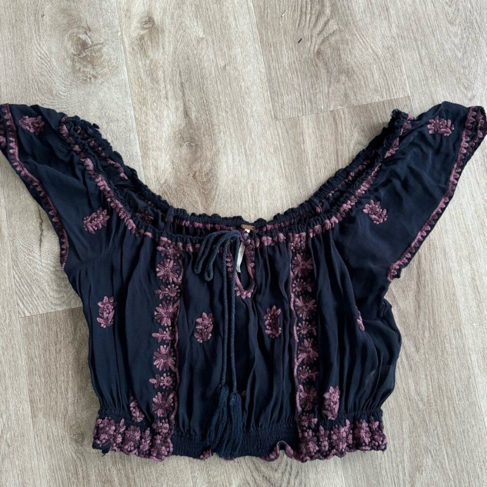 Free People Black Sheer Lace Embroidered Crop Top Tank Medium Purple Festival